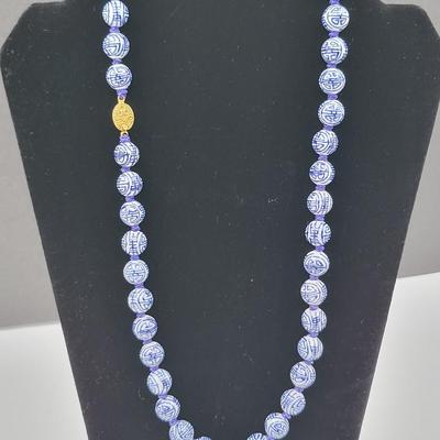 Vintage Blue & White Ceramic Bead Necklace 22"