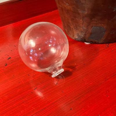 Porcelain Type Lamp and Wood Bowl With Glass Balls
