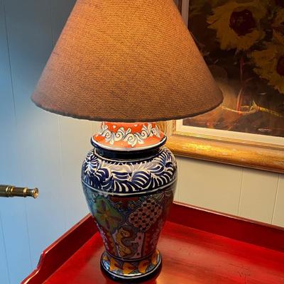 Porcelain Type Lamp and Wood Bowl With Glass Balls