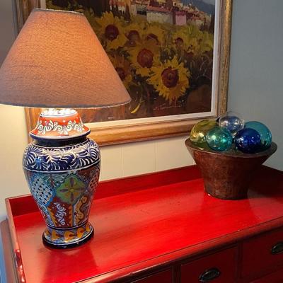 Porcelain Type Lamp and Wood Bowl With Glass Balls