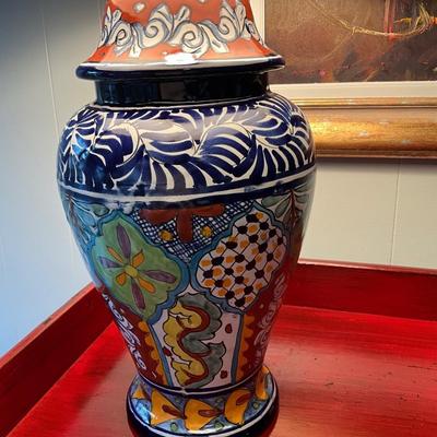 Porcelain Type Lamp and Wood Bowl With Glass Balls
