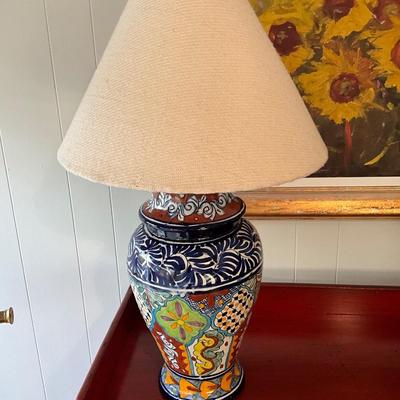 Porcelain Type Lamp and Wood Bowl With Glass Balls