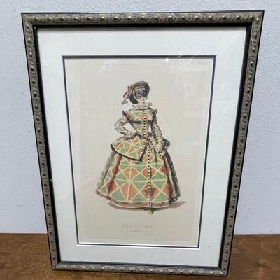 Arlequine by Maurice Sand - Framed Color Engraving Hand Painted Print