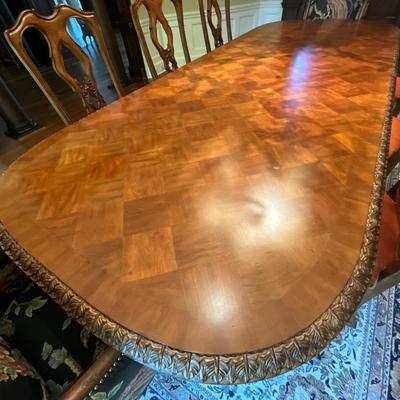Ferguson Copeland “Venetian” Cherry Par-Quet-Top Table and 6 Silk Chairs