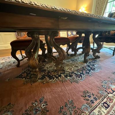 Ferguson Copeland “Venetian” Cherry Par-Quet-Top Table and 6 Silk Chairs