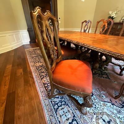 Ferguson Copeland “Venetian” Cherry Par-Quet-Top Table and 6 Silk Chairs