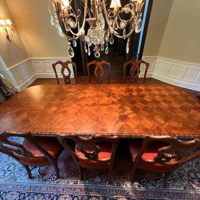 Ferguson Copeland “Venetian” Cherry Par-Quet-Top Table and 6 Silk Chairs