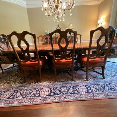 Ferguson Copeland “Venetian” Cherry Par-Quet-Top Table and 6 Silk Chairs