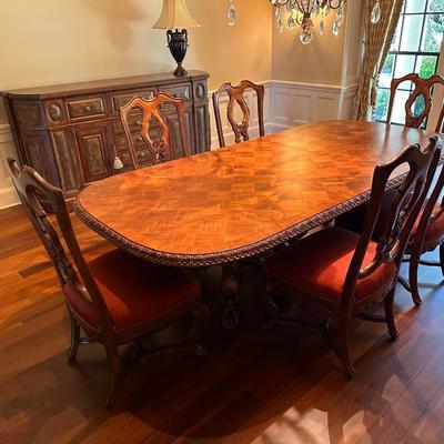 Ferguson Copeland “Venetian” Cherry Par-Quet-Top Table and 6 Silk Chairs