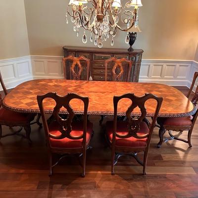 Ferguson Copeland “Venetian” Cherry Par-Quet-Top Table and 6 Silk Chairs