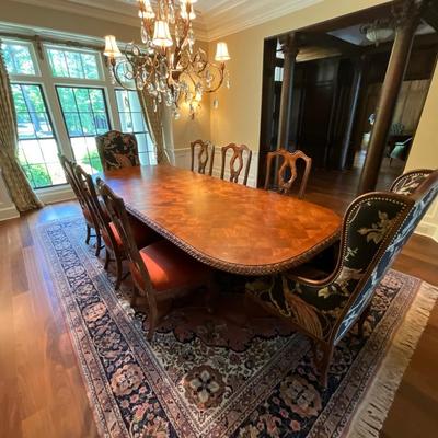 Ferguson Copeland “Venetian” Cherry Par-Quet-Top Table and 6 Silk Chairs