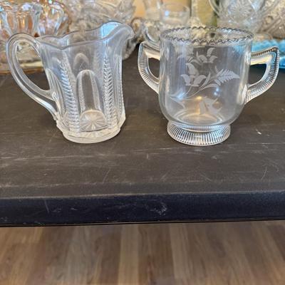 Creamer/pitcher & 2 handled etched glass