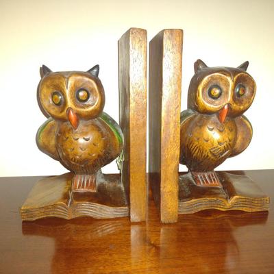 Vintage Carved Wooden Owl Design Bookends