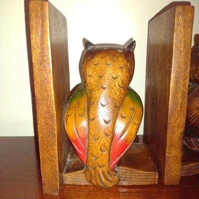 Vintage Carved Wooden Owl Design Bookends