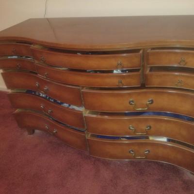 Twelve Drawer Serpentine Front Wooden Dresser- Measures Approx 56" x 21" x 36" Tall