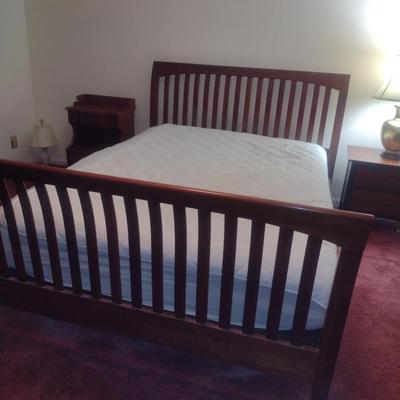Wooden Cherry Finish Head and Foot Board Bed Set with Adjustable Base and Mattress- Queen Size