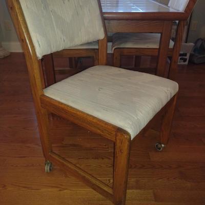 Tile Topped Wooden Framed Table with Four Rolling Chairs- Measures Approx 35" x 42 1/2" x 29" Tall