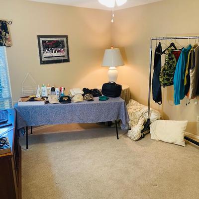 Lot 3: Men’s Clothing, Desk, Side Table, Lamp & More