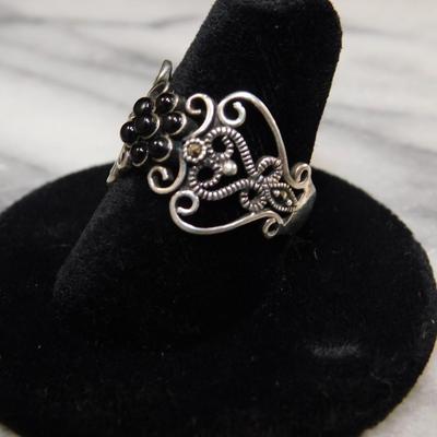 Vintage 1925 Sterling Onyx and Marcasite Filigree Ring Size 8.5 - 2.6g