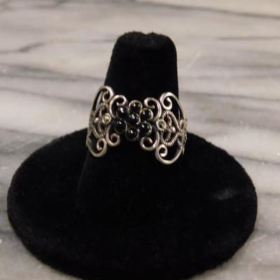 Vintage 1925 Sterling Onyx and Marcasite Filigree Ring Size 8.5 - 2.6g