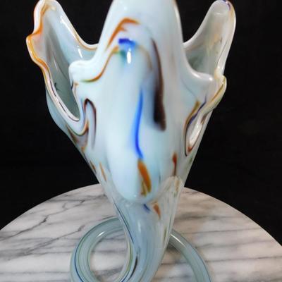 Beautiful Hand Blown Milky Swirl Glass Vase 8"