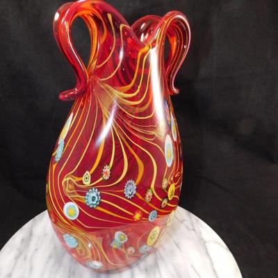 Murano Millefiori Pulled Feather 11" Double Handle Vase