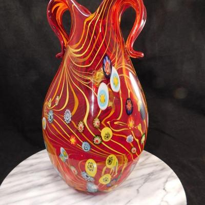 Murano Millefiori Pulled Feather 11" Double Handle Vase