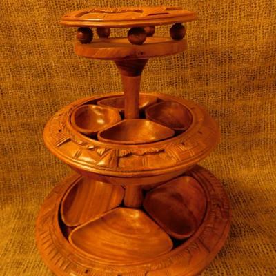 Mid 20th Century Monkey Pod 3 Tier Appetizer/Condiment Centerpiece