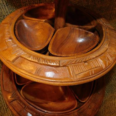 Mid 20th Century Monkey Pod 3 Tier Appetizer/Condiment Centerpiece