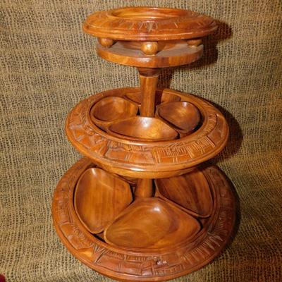 Mid 20th Century Monkey Pod 3 Tier Appetizer/Condiment Centerpiece