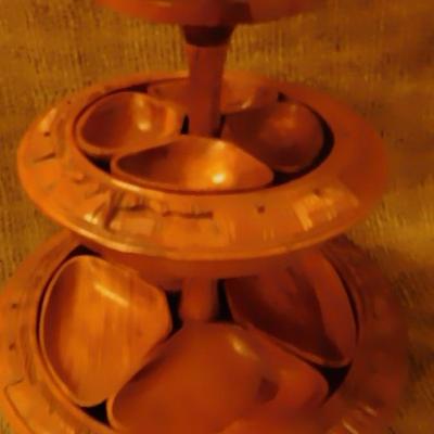 Mid 20th Century Monkey Pod 3 Tier Appetizer/Condiment Centerpiece