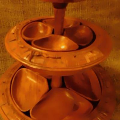 Mid 20th Century Monkey Pod 3 Tier Appetizer/Condiment Centerpiece