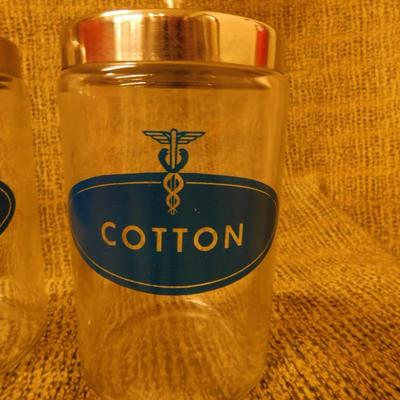 Lot of 3 Vintage Glass Apothecary Jars - Cotton, Gauze, + Tongue Depressors