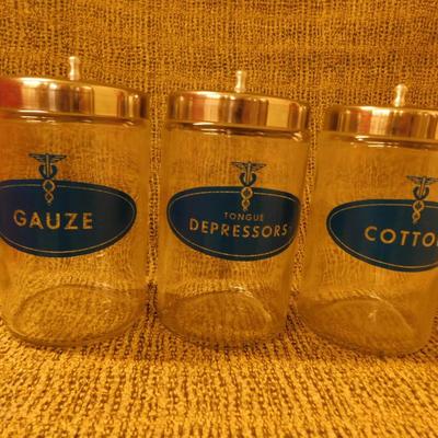 Lot of 3 Vintage Glass Apothecary Jars - Cotton, Gauze, + Tongue Depressors
