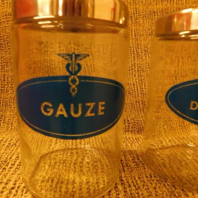 Lot of 3 Vintage Glass Apothecary Jars - Cotton, Gauze, + Tongue Depressors