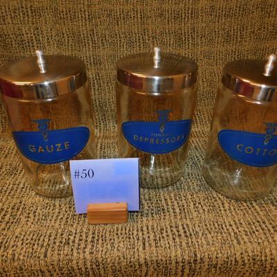 Lot of 3 Vintage Glass Apothecary Jars - Cotton, Gauze, + Tongue Depressors
