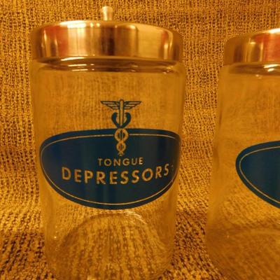 Lot of 3 Vintage Glass Apothecary Jars - Cotton, Gauze, + Tongue Depressors