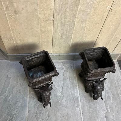 FA617 Pair of Antique Asian Bronze Elephant Urns