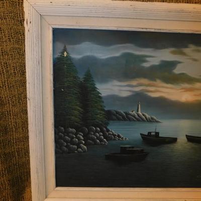 Sale Photo Thumbnail #97: Has some damage of chipped paint on the canvas. Frame is distressed, but seems like a purposeful "worn" look. The frame measures 29"x25.25".