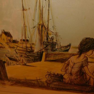 Framed & Matted Jacques Lalande Signed Print 226/260 Kids on Boat Deck