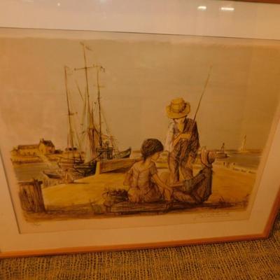 Framed & Matted Jacques Lalande Signed Print 226/260 Kids on Boat Deck