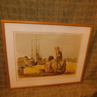 Framed & Matted Jacques Lalande Signed Print 226/260 Kids on Boat Deck