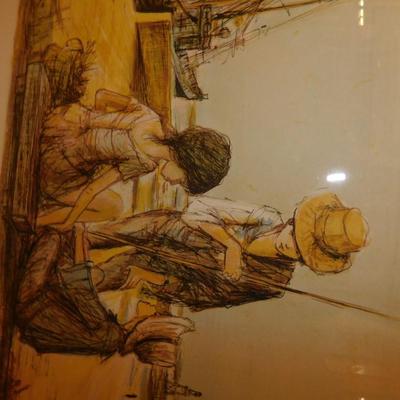 Framed & Matted Jacques Lalande Signed Print 226/260 Kids on Boat Deck