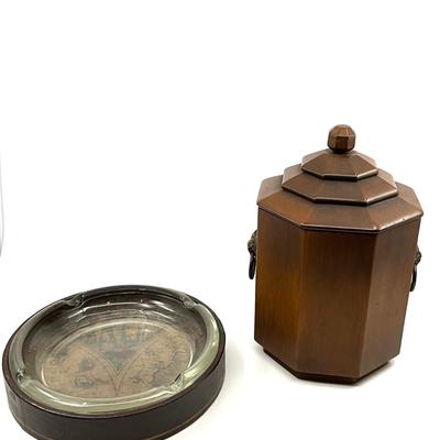 O629 Vintage Wooden Humidor with Glass Leather World Globe Ashtray