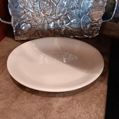 GORGEOUS PEWTER TRAY WITH RAISED DESIGN AND OVAL PLATTER