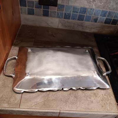 GORGEOUS PEWTER TRAY WITH RAISED DESIGN AND OVAL PLATTER