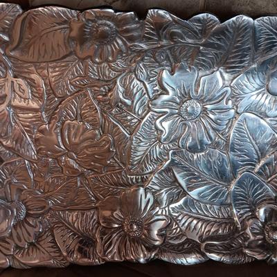 GORGEOUS PEWTER TRAY WITH RAISED DESIGN AND OVAL PLATTER