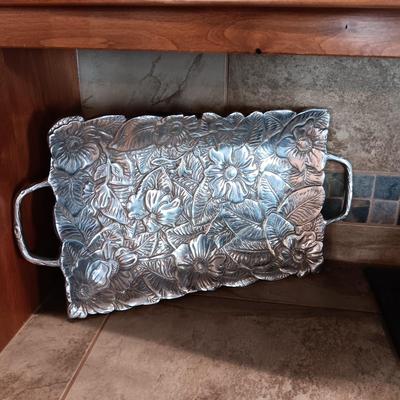 GORGEOUS PEWTER TRAY WITH RAISED DESIGN AND OVAL PLATTER