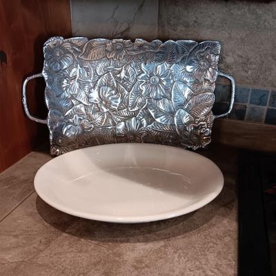 GORGEOUS PEWTER TRAY WITH RAISED DESIGN AND OVAL PLATTER
