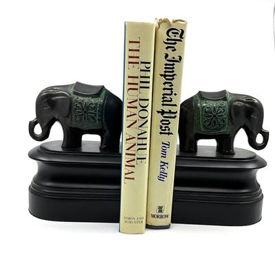 O630 Pair of Bronze and Wood Elephant Book Ends